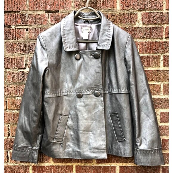 Chico's Jackets & Blazers - Chicos Genuine Leather Jacket Silver Gray Double-Breasted Womens Size 2 (12 or M